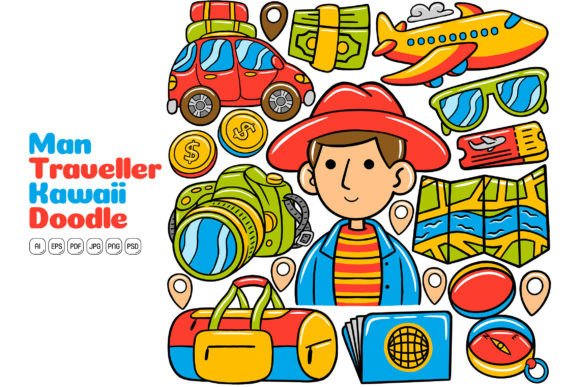 Man Traveller Kawaii Doodle Illustration: A Versatile Asset for Creative Projects